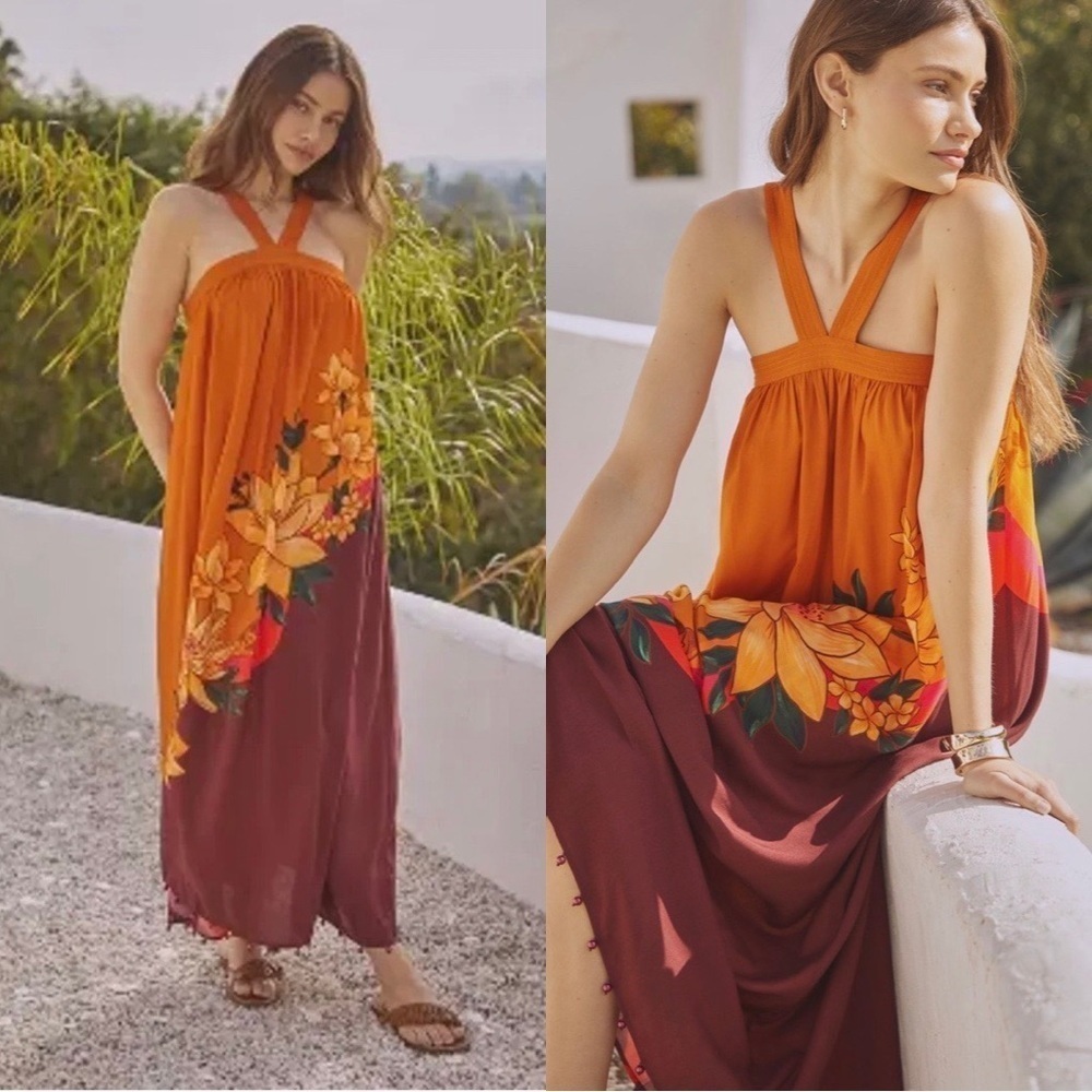 FARM Rio Orange and Burgundy Maxi Dress
